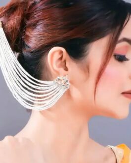 Women Pearl Cascade Ear Cuff And Hair Chain | Bridal White Beaded Statement Earrings