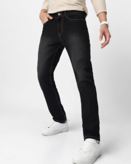 Men's Black Regular Fit Washed Jeans Stretchable