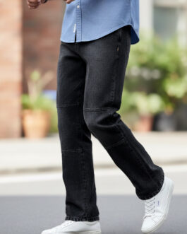 Men's Black Loose Baggy Fit Cut and Sew Panelled Jeans Non-Stretchable