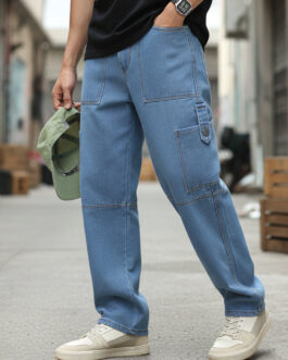 Men's Light Blue Loose Baggy Fit Washed Cargo Jeans with 6 Pockets Non-Stretchable
