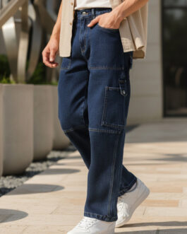 Men's Blue Loose Baggy Fit Washed Cargo Jeans with 6 Pockets Non-Stretchable