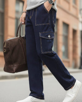 Men's Dark Blue Loose Fit Cargo Jeans with 6 Pockets Non-Stretchable