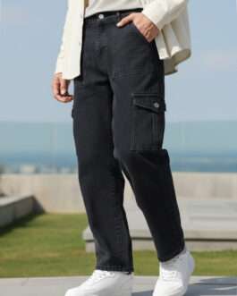 Men's Dark Grey Loose Fit Cargo Jeans with 6 Pockets Non-Stretchable