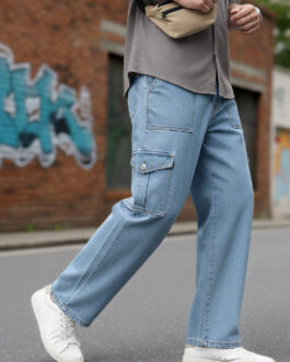 Men's Ice Blue Loose Fit Cargo Jeans with 6 Pockets Non-Stretchable