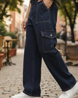 Men's Blue Loose Fit Cargo Jeans with 6 Pockets Non-Stretchable