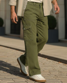 Men's Olive Green Loose Fit Cargo Jeans with 6 Pockets Non-Stretchable