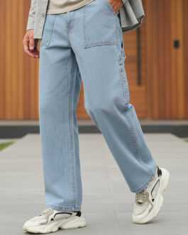 Men's Ice Blue Loose Fit Cargo Carpenter Jeans With 6 Pockets Non-Stretchable