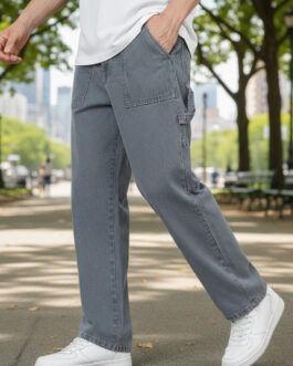 Men's Light Grey Loose Fit Cargo Carpenter Jeans With 6 Pockets Non-Stretchable