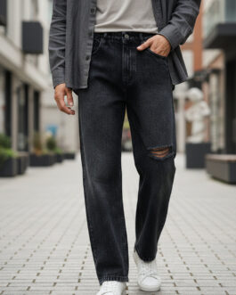 Men's Black Loose Baggy Fit Washed Distressed/Torn Jeans Non-Stretchable