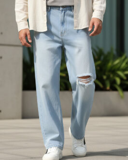 Men's Ice Blue Loose Baggy Fit Washed Distressed/Torn Jeans Non-Stretchable