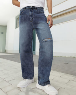 Men's Blue Loose Baggy Fit Washed Distressed/Torn Jeans Non-Stretchable
