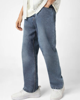 Men's Blue Loose Baggy Fit Washed Jeans Non-Stretchable