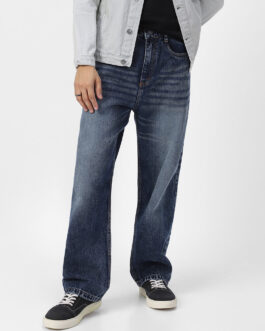 Men's Dark Blue Loose Baggy Fit Washed Jeans Non-Stretchable