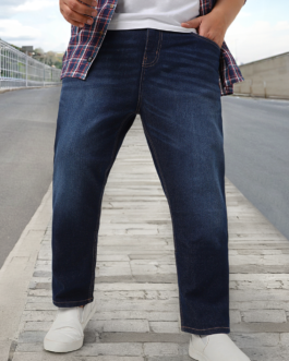 Plus Men's Dark Blue Regular Fit Washed Jeans Stretchable