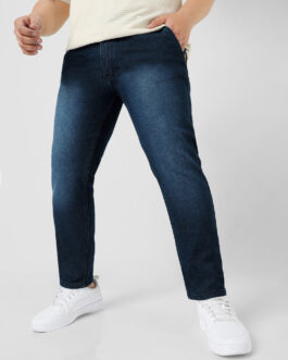 Plus Men's Carbon Blue Regular Fit Washed Jeans Stretchable