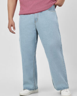 Plus Men's Ice Blue Loose Fit Washed Jeans Non-Stretchable