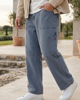 Plus Men's Light Grey Loose Baggy Fit Washed Cargo Jeans with 6 Pockets Non-Stretchable