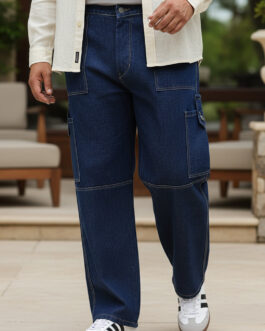 Plus Men's Blue Loose Baggy Fit Washed Cargo Jeans with 6 Pockets Non-Stretchable