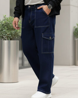Plus Men's Dark Blue Loose Fit Cargo Jeans with 6 Pockets Non-Stretchable
