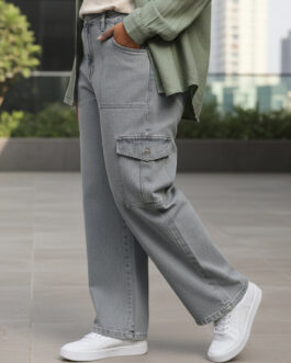 Plus Men's Light Grey Loose Fit Cargo Jeans with 6 Pockets Non-Stretchable