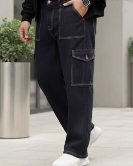 Plus Men's Blue Loose Fit Cargo Jeans with 6 Pockets Non-Stretchable