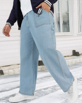 Plus Men's Ice Blue Loose Fit Cargo Carpenter Jeans With 6 Pockets Non-Stretchable