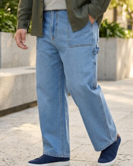 Plus Men's Light Blue Loose Fit Cargo Carpenter Jeans With 6 Pockets Non-Stretchable