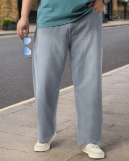 Plus Men's Light Grey Loose Baggy Fit Washed Jeans Non-Stretchable