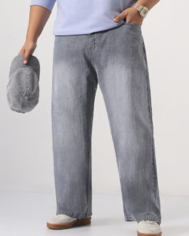 Plus Men's Light Grey Loose Baggy Fit Washed Denim Jeans Non-Stretchable