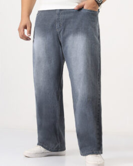 Plus Men's Grey Loose Baggy Fit Washed Denim Jeans Non-Stretchable