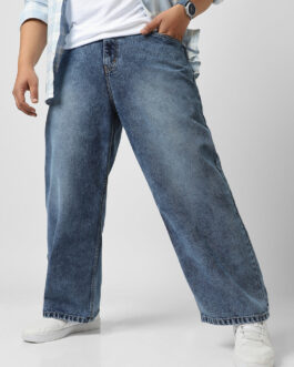Plus Men's Blue Loose Baggy Fit Washed Jeans Non-Stretchable