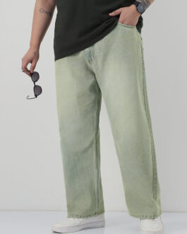 Plus Men's Ice Grey Loose Baggy Fit Heavy Washed Jeans Non-Stretchable
