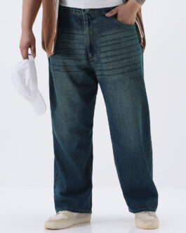 Plus Men's Blue Loose Baggy Fit Heavy Washed Jeans Non-Stretchable