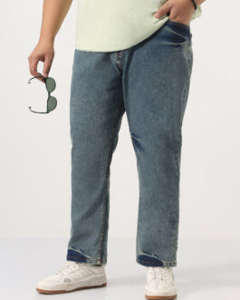 Plus Men's Light Blue Straight Fit Heavy Washed Jeans Stretchable