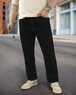 Plus Men's Black Straight Fit Washed Jeans Stretchable