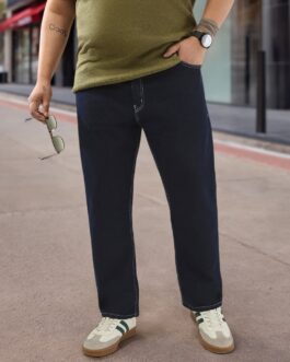 Plus Men's Dark Blue Straight Fit Washed Jeans Stretchable