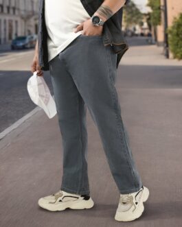 Plus Men's Grey Straight Fit Washed Jeans Stretchable