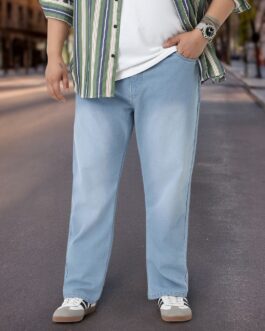 Plus Men's Ice Blue Straight Fit Washed Jeans Stretchable