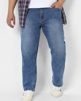 Plus Men's Blue Straight Fit Washed Jeans Stretchable