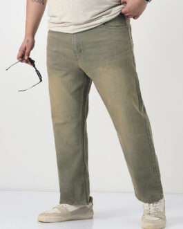 Plus Men's Grey Straight Fit Heavy Washed Jeans Stretchable