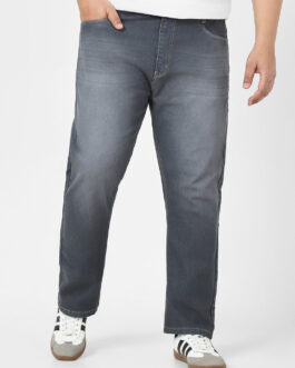 Plus Men's Grey Straight Fit Washed Jeans Stretchable