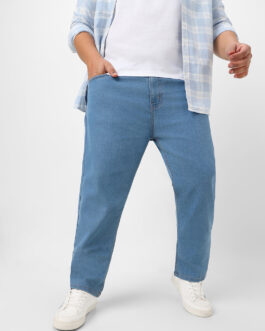 Plus Men's Light Blue Regular Fit Washed Jeans Stretchable