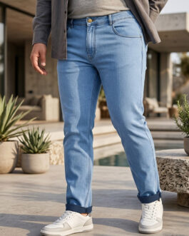 Plus Men's Sky Blue Regular Fit Washed Jeans Stretchable