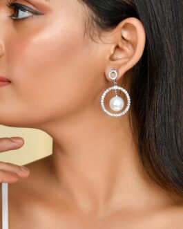Women Sliver-Plated Pearl Circular Studs Earrings Pearl Stainless Steel Stud Earring